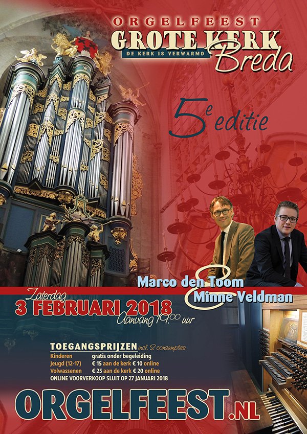 Kom naar het Orgelfeest in Breda! Online voorverkoop alleen nog deze week: orgelfeest.nl. Kaartverkoop aan de kerk voor aanvang vanaf 18.15 uur. Welkom!