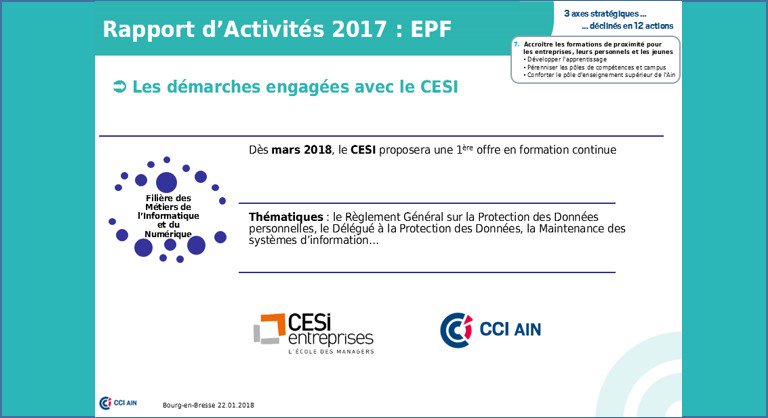 CCI_Ain's tweet photo. 🔜A compter de mars 2018, avec l'école d'ingénieurs @GroupeCESI , la @CCI_Ain proposera une offre en #formation continue pour les #entreprises #Ain filière Métiers de l'#informatique et du #numerique ➡Délégué à la Protection des Données @LeRGPD #RGPD #Maintenance systèmes d'info https://t.co/xHz9UeD7Y6