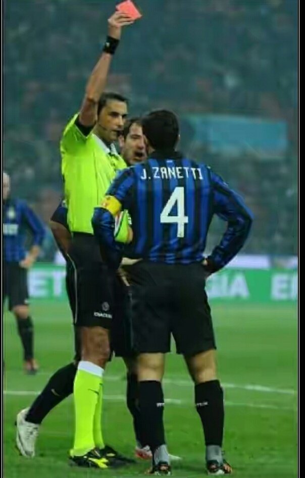 Zanetti was shown his first red card in 548 games as Inter were trailing Udinese. He received handshake from the ref and the fans applauded him as he left the pitch. Inter had a chance to equalize later on in the game but Pazzini slipped while taking his penalty