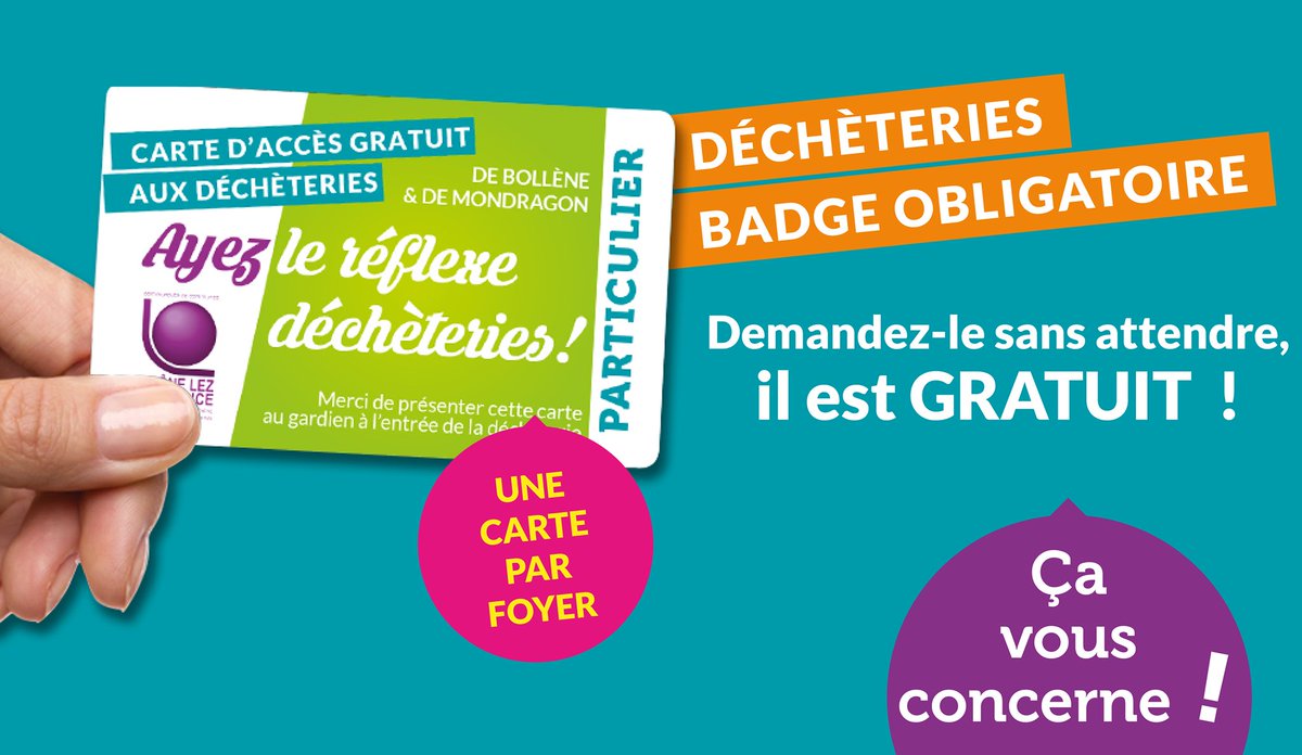 RhoneLezProvenc's tweet photo. Depuis le début du mois de janvier, les déchèteries de Bollène et de Mondragon sont accessibles uniquement avec un badge réservé aux résidents. 2000 ont déjà été délivrés par le Pôle Technique de Rhône Lez Provence, rue Jules Verne à Bollène. Et vous, vous l'avez ? 😉 https://t.co/CKy5alGt6U