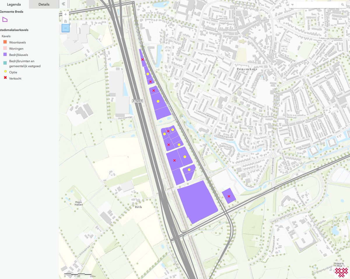Als je kijkt op de website van de Stadsmakelaar Breda kun je de status van de kavels op bedrijventerrein het Rithmeesterpark goed zien. Inmiddels zijn er 7 kavels verkocht en nog eens 7 in optie.
