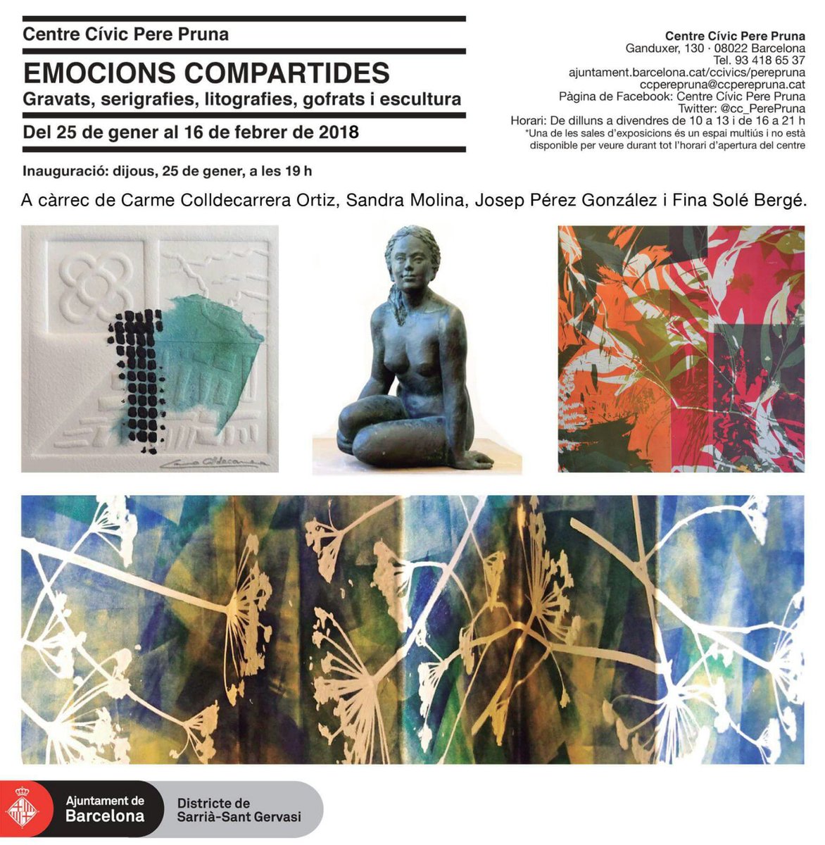 escoda_a's tweet photo. Nova exposició de Fina Solé EMOCIONS COMPARTIDES: gravats, serigrafies, litografies, gofrats i escultura.
Inauguració: dijous 25 de gener a les 19h al Centre Cívic Pere Pruna (C/Ganduxer, 130).
US HI ESPEREM!🎉
#centrecivicperepruna #art #barcelona https://t.co/NAyHmtEP0b
