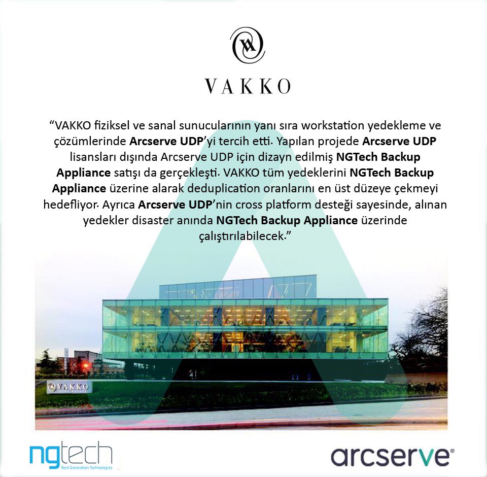 ArcserveTurkey's tweet image. @ModaVakkodur fiziksel ve sanal sunucularının yanı sıra workstation yedekleme ve çözümlerinde @Arcserve UDP’yi tercih etti. Yapılan projede Arcserve UDP lisansları dışında Arcserve UDP için dizayn edilmiş #NGTech Backup Appliance satışı da gerçekleşti.