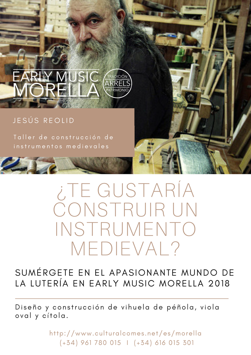 EarlyMusMorella's tweet photo. Espero que os guste la propuesta, una semana trabajando mañana y tarde en un pueblo amurallado precioso, conciertos todas las noches. Si os animáis, allí nos vemos haciendo magia con la madera. @EarlymusicMorella #JesúsReolid #lutier #violero #musicantigua #earlymusic https://t.co/Td8hhQZayx