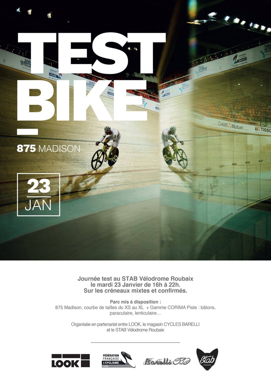 lookcycle's tweet photo. Début de la tournée de test du #875Madison ! Ce soir rendez-vous au @Stabvelodrome et le 25 au @Velodrome_nat ! On se voit là-bas ? #875MadisonWorldTour #RIDEYOURDREAM https://t.co/6u8Um0DDBa