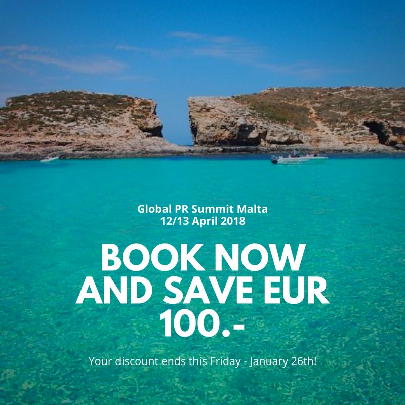 ThePWorld's tweet photo. Don't miss out on your early bird discount for the Global #PR Summit #Malta. Book before January 26th and SAVE EUR 100.- off the final price. For more info visit: https://t.co/z2kuxDEGX8
#publicrelations #communications #maltaconference https://t.co/lh646X2Zmf