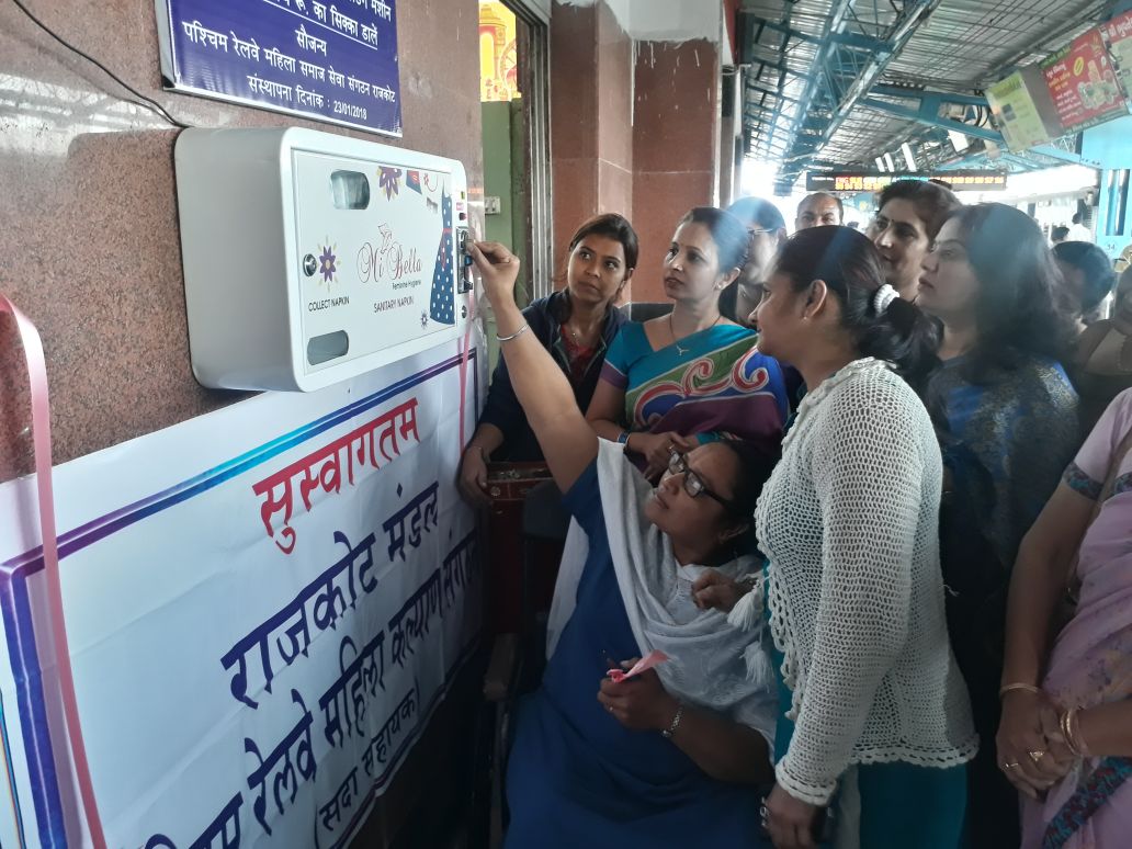 WesternRly's tweet photo. In view of health, hygiene &amp; convenience of women employees/passengers, #SanitaryNapkinVendingMachines were inaugurated at Mumbai Central Divisional Office &amp; Rajkot Railway station in presence of President, WRWWO/BCT Smt. Renu Jain &amp; President,WRWWO/RJT Smt. Bharti Ninawe https://t.co/TtXqb0qge9