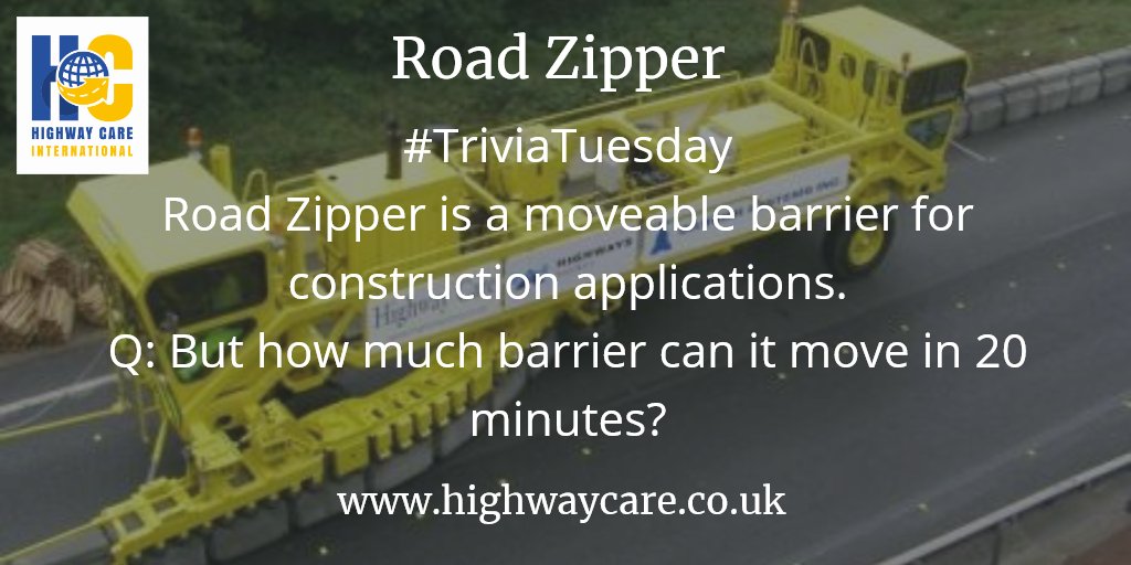 HighwayCareLtd's tweet photo. It's #TriviaTuesday can you correctly guess our #Roadconstruction #product trivia?
This week it's all about out rentable #Roadzipper
Product information and #video| https://t.co/vYyflmG37M
#Highwaycare #Barriersystem #Engineeringyoursafety #Rapid #Efficient https://t.co/XLRYxBKD9x
