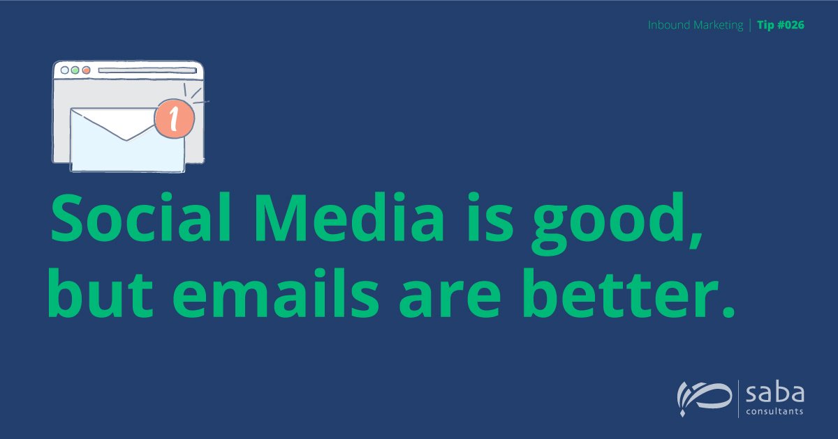 ConsultantsSaba's tweet photo. #InboundMarketing Tip 26 - Before you focus all your marketing strategies into social media, consider email marketing. There's a reason after all that 92% of B2B marketers use email as the main distribution of their content for marketing purposes - because it works! #inboundtips https://t.co/HnO8S8CJUD