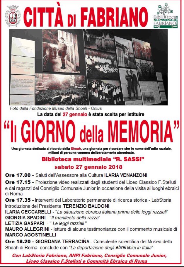 Il Giorno della Memoria - sabato 27 gennaio 
Fabriano non dimentica.
Vi aspettiamo presso la biblioteca R.Sassi <a href="/bibliofabriano/">Biblioteca Fabriano</a> 

#27gennaio #giornatadellamemoria #PerNonDimenticare #shoah