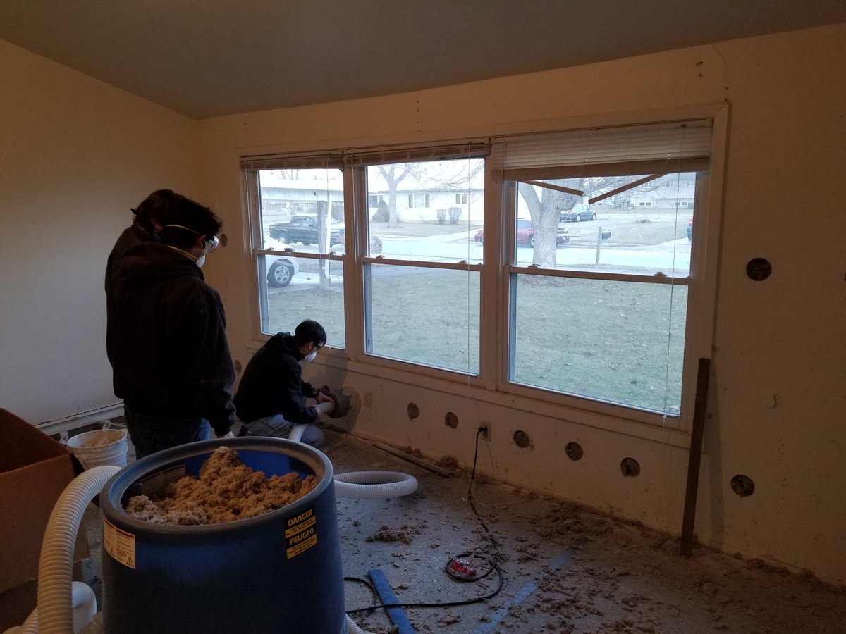 RTHS_AG's tweet photo. 7 students began rehabbing a home at Hope Meadows yesterday. First up, blowing in insulation. https://t.co/30z3S9Q0Ak