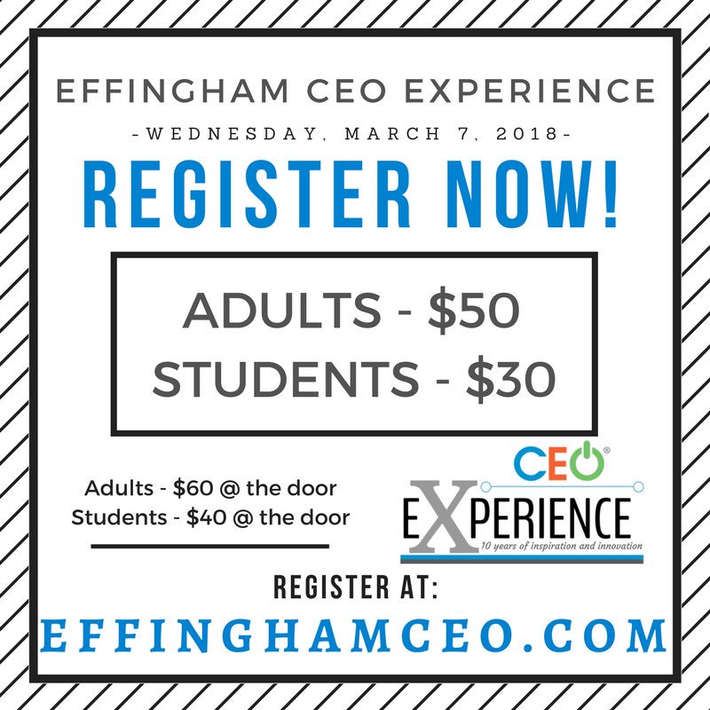 EffinghamCEO's tweet photo. Registration for the 2018 CEO Experience on Wednesday, March 7, 2018 at the Keller Convention Center is available NOW! Please visit https://t.co/yguQcm4kV4 to register and learn more about our innovative speakers. Registration costs $50 for adults, and $30 for students. https://t.co/fwyxl4zjVS