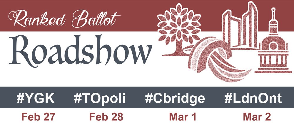 Ontario's municipal elections are exactly 9 months away! London City Council will become the first government in Canada elected with a ranked ballot. Kingston &amp; Cambridge will be holding historic referendums on ditching First-Past-The-Post. Learn more: facebook.com/events/1227243…