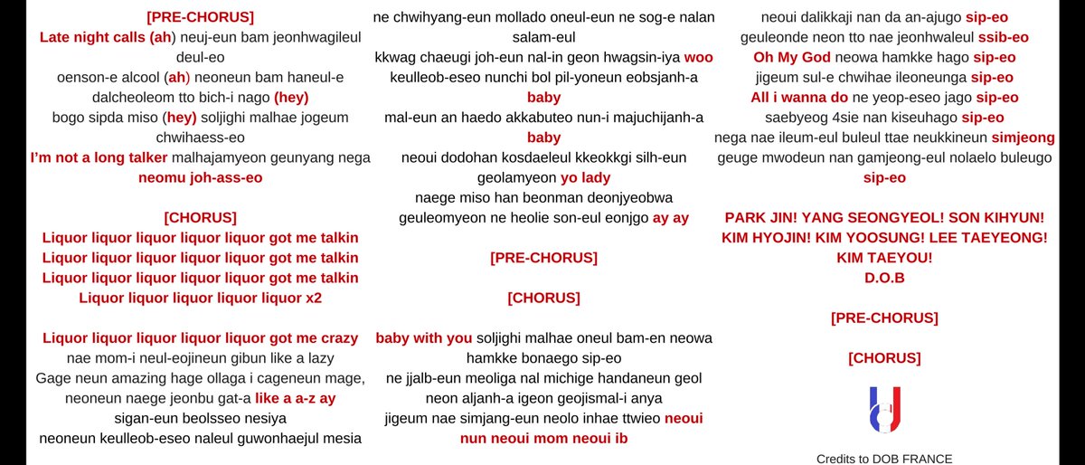 Kure_Spain's tweet photo. Gracias a @DOBFrance aquí tenéis el Fanchant de "4am" canción original de #DOB #디오비 
Para aquellos que no sepáis lo que es un Fanchant, las partes en rojo son las que los fans cantan durante la canción.
Podéis escuchar la canción aquí:
https://t.co/ckxH6xJkku https://t.co/2WZstTU4Kf