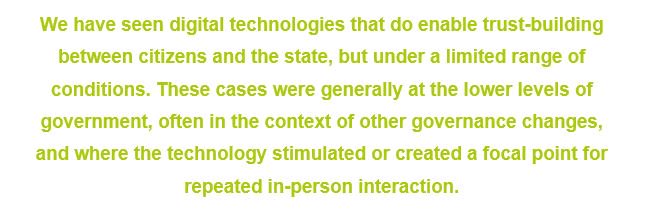 AllVoicesCount's tweet image. Key messages from @AllVoicesCount (9/14) Technologies alone don’t foster the trusting relationships needed between governments and citizens, and 
within each group of actors. #ict4d #accountabiilty Read the report: makingallvoicescount.org/publication/ap…