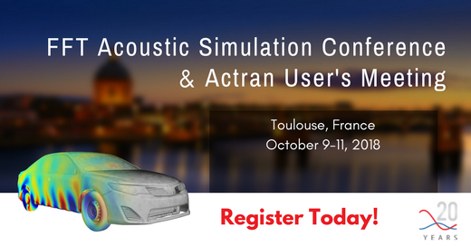 FFT_Actran's tweet photo. Join us this October in Toulouse for @FFT_Actran #Acoustic #Simulation Conference and #Actran Users' Meeting. A unique opportunity to get an update on the latest acoustic simulation trends and meet with the numerical acoustics experts community! https://t.co/LBcLGerAzZ https://t.co/6LATLG2vyQ