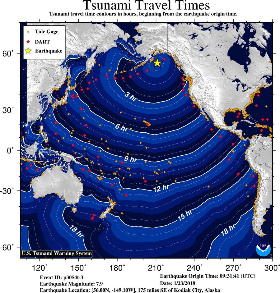 Tsunami Warning Center map shows projected tsunami travel times after 7.9-magnitude earthquake strikes off Alaska coast. abcn.ws/2BmzFmt