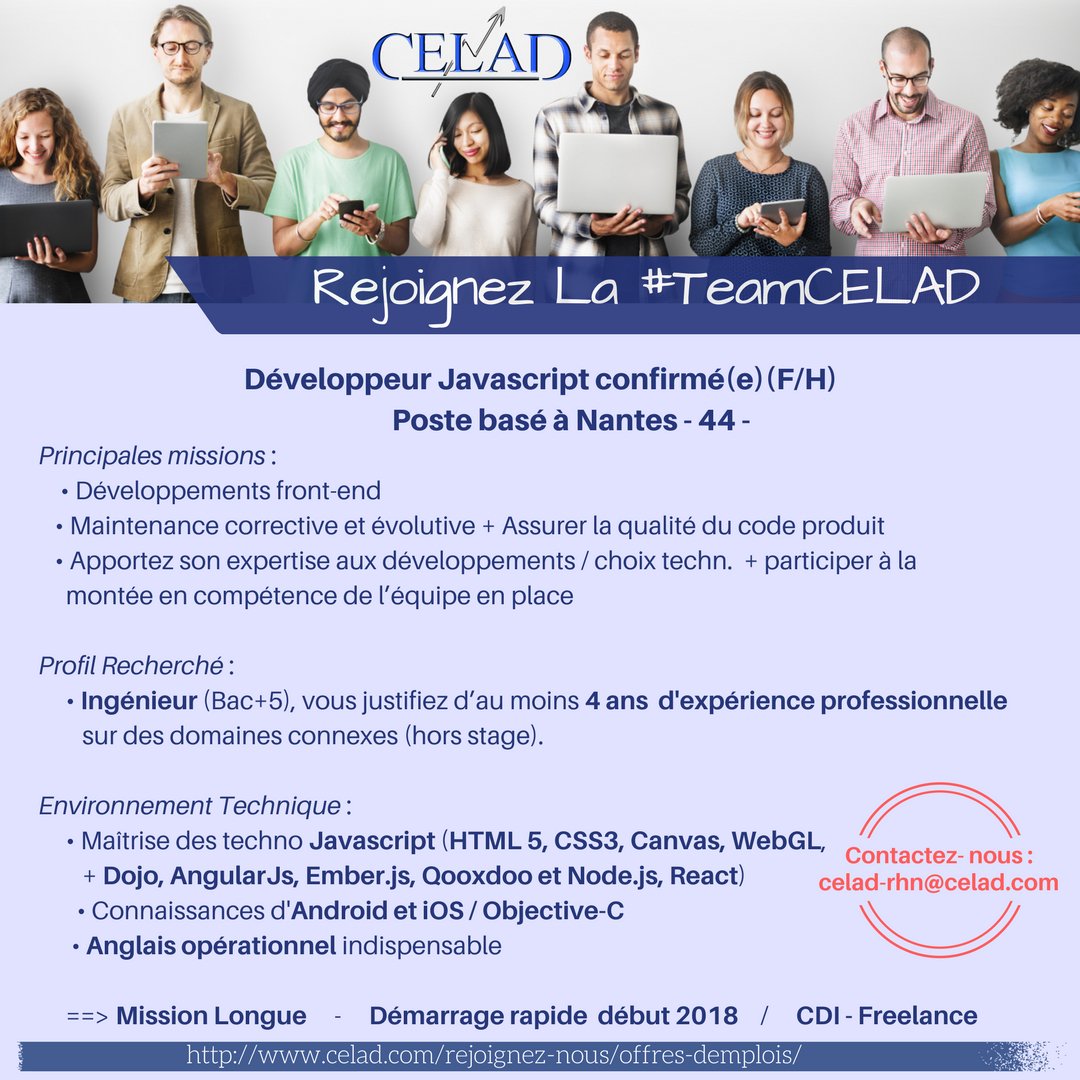 [CELAD recrute 🔎-Offre de la semaine⚠️] La #TeamCELAD Pays de la Loire se renforce sur Nantes 💪🏻 ... et recherche un(e) Développeur Javascript confirmé(e)  💻 | + d'infos ici ⬇️
chloe.renaud@celad.com / Twitter : <a href="/CELAD_Nantes/">CELAD Nantes</a>