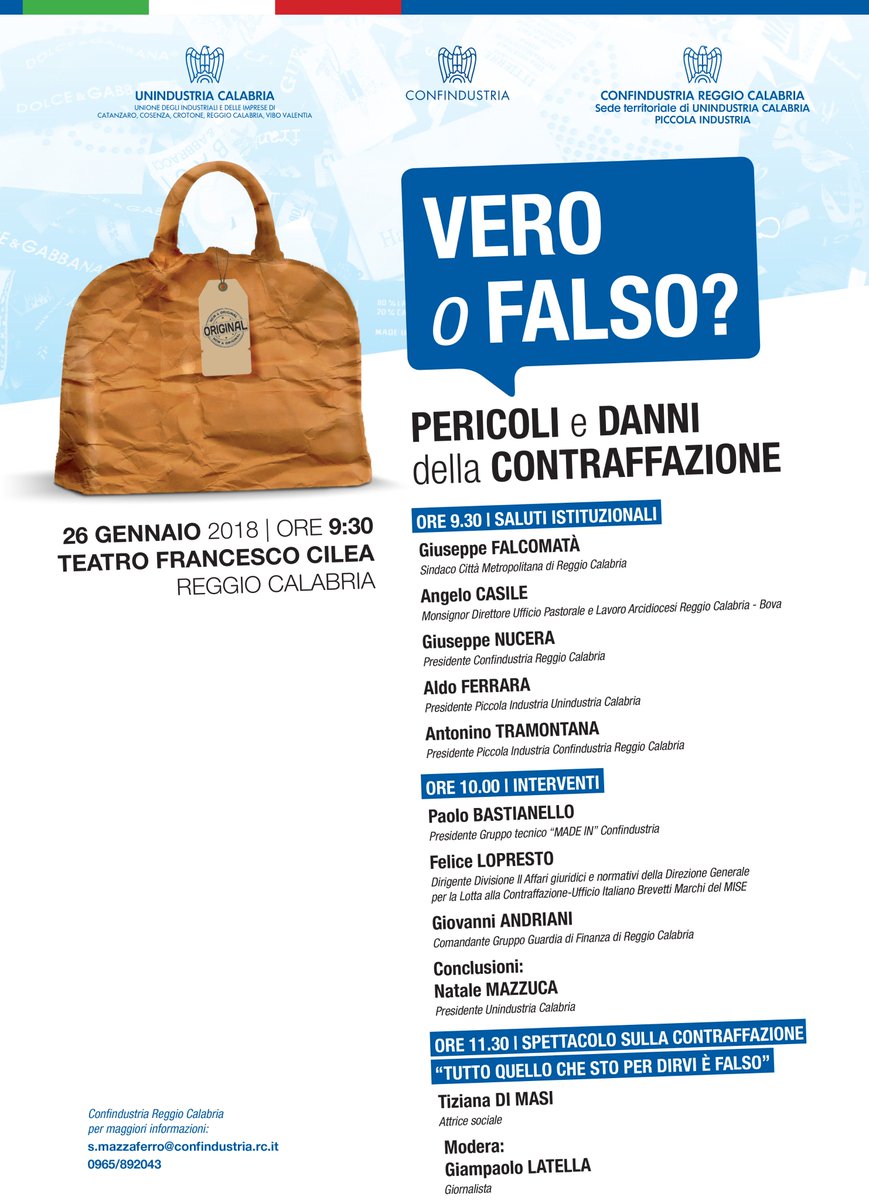 ConfindustriaRC's tweet photo. ➡️ SAVE THE DATE 
🛍"VERO O FALSO? PERICOLI E DANNI DELLA CONTRAFFAZIONE"
🗺 Reggio Calabria - Teatro "Francesco Cilea"
🗓 Venerdì 26 gennaio
🕤 Ore 9,30
#Confindustria #ReggioCalabria #contraffazione #MadeInItaly #MadeIn https://t.co/IqralQafj2
