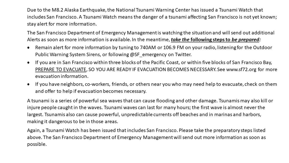 SF_emergency's tweet image. Tsunami Watch for #SF. If you are w/in SF &amp;amp; 3 blocks of the Pacific Coast or w/in 5 blocks of SF Bay, PREPARE TO EVACUATE SO YOU ARE READY IF EVACUATION IS NEEDED. Check on neighbors who may need help. Visit sf72.org/hazard/tsunamis to see if you are in the evacuation zone.