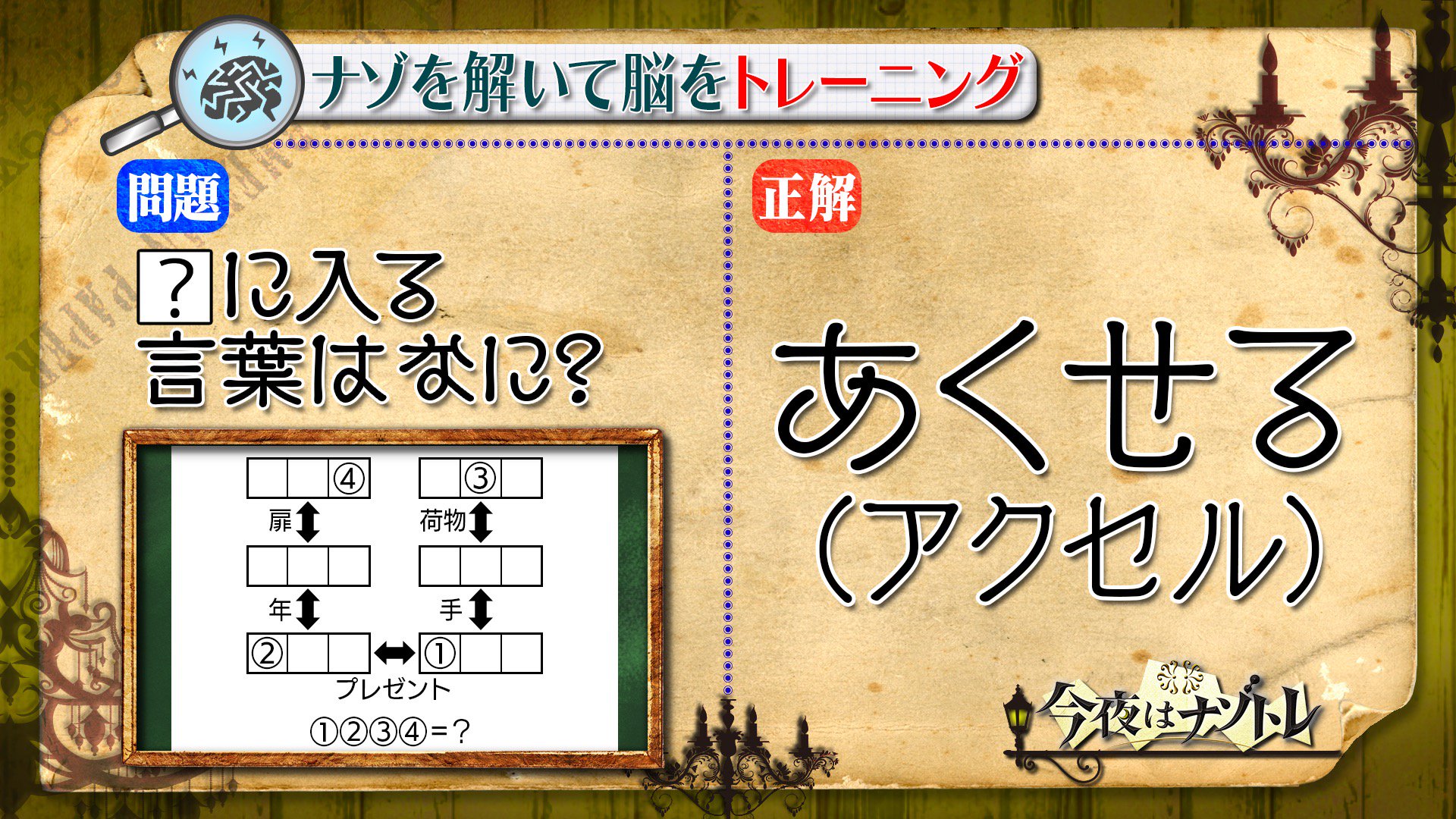 公式 今夜はナゾトレ 解答 解説 前回の Scrap 問題の解答 解説を発表します このナゾを解くには 矢印が何を表しているかを考える必要があります 矢印は 反対語であること を示していました T Co Pphtjhv8eu Twitter