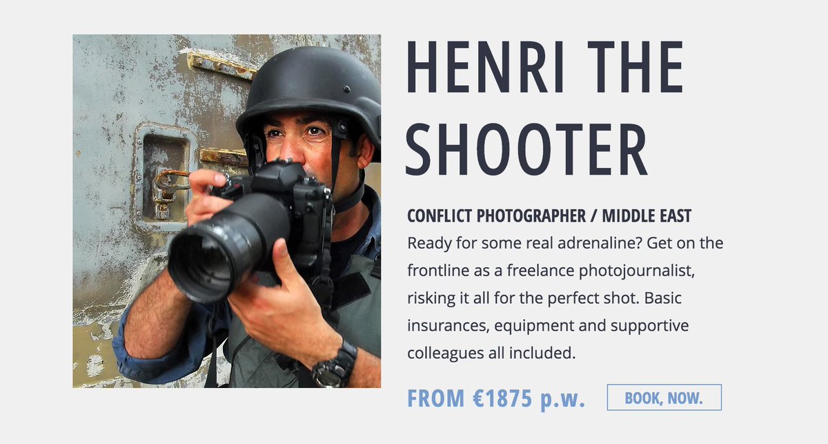 get_a_ShelfLife's tweet photo. What's it like to be a war correspondent and cover foreign hotspots? This life rental as 'Henri The Shooter' on #ShelfLife lets you try out the lifestyle for a week https://t.co/aYhRUzYu9R https://t.co/R63m1v51Lj