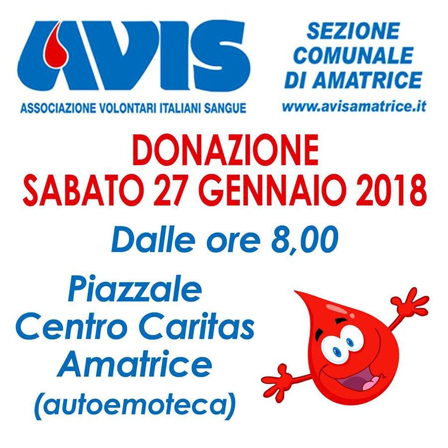 AvisAmatrice's tweet photo. Sabato 27 gennaio si dona @AvisAmatrice presso il piazzale #Caritas con l'#Autoemoteca. L'#AVIS vi aspetta numerosi! #AVIS #AvisAmatrice #Amatrice https://t.co/00xtr1zMVX