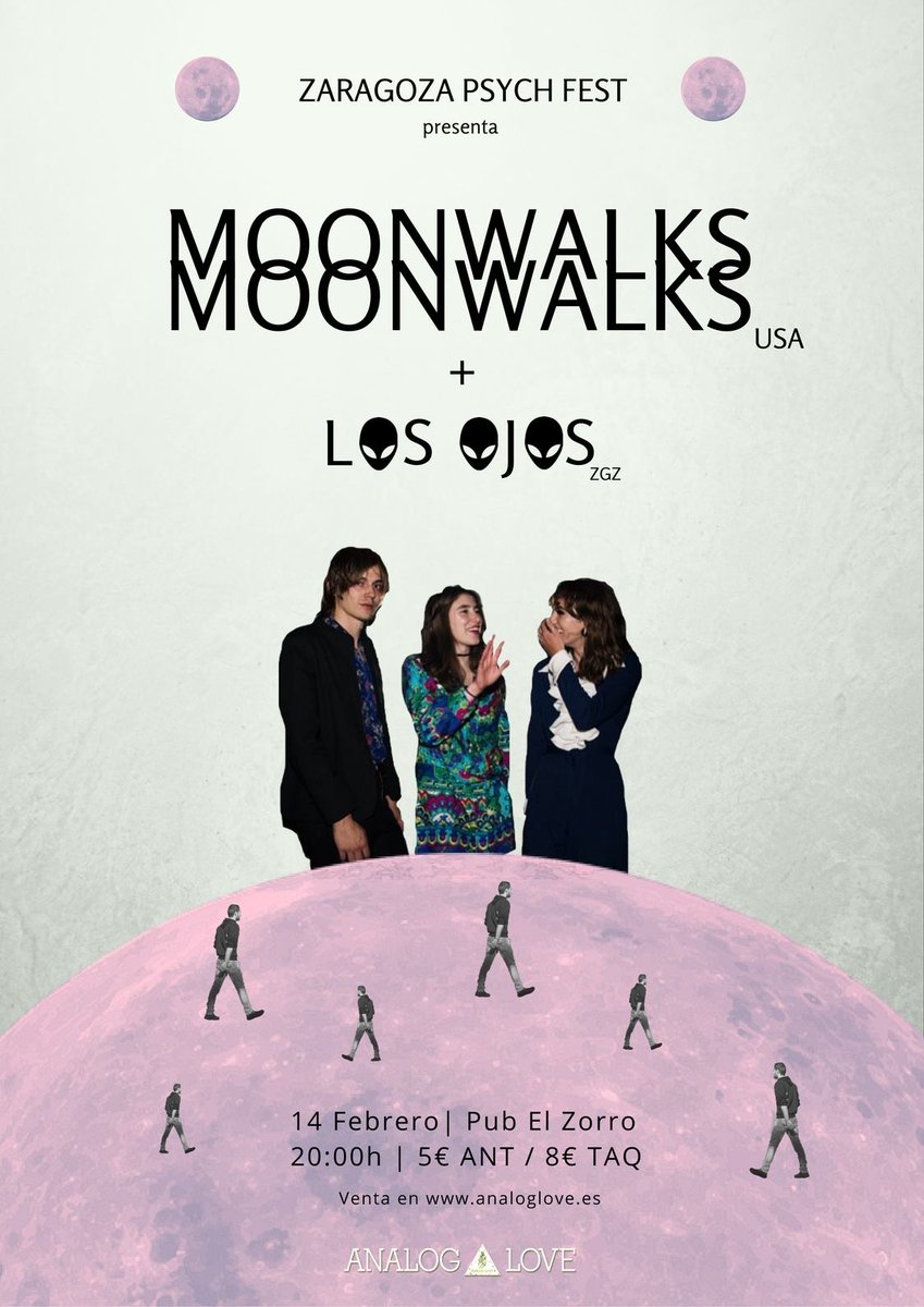 Hey folks! El 14 de febrero celebraremos San Valentín en <a href="/pubelzorro/">El Zorro</a> con dos bandazas como MOONWALKS (USA) y LOS OJOS (ZGZ)
Anticipadas 5€ en analoglove.es/entradas/
Taquilla 8€