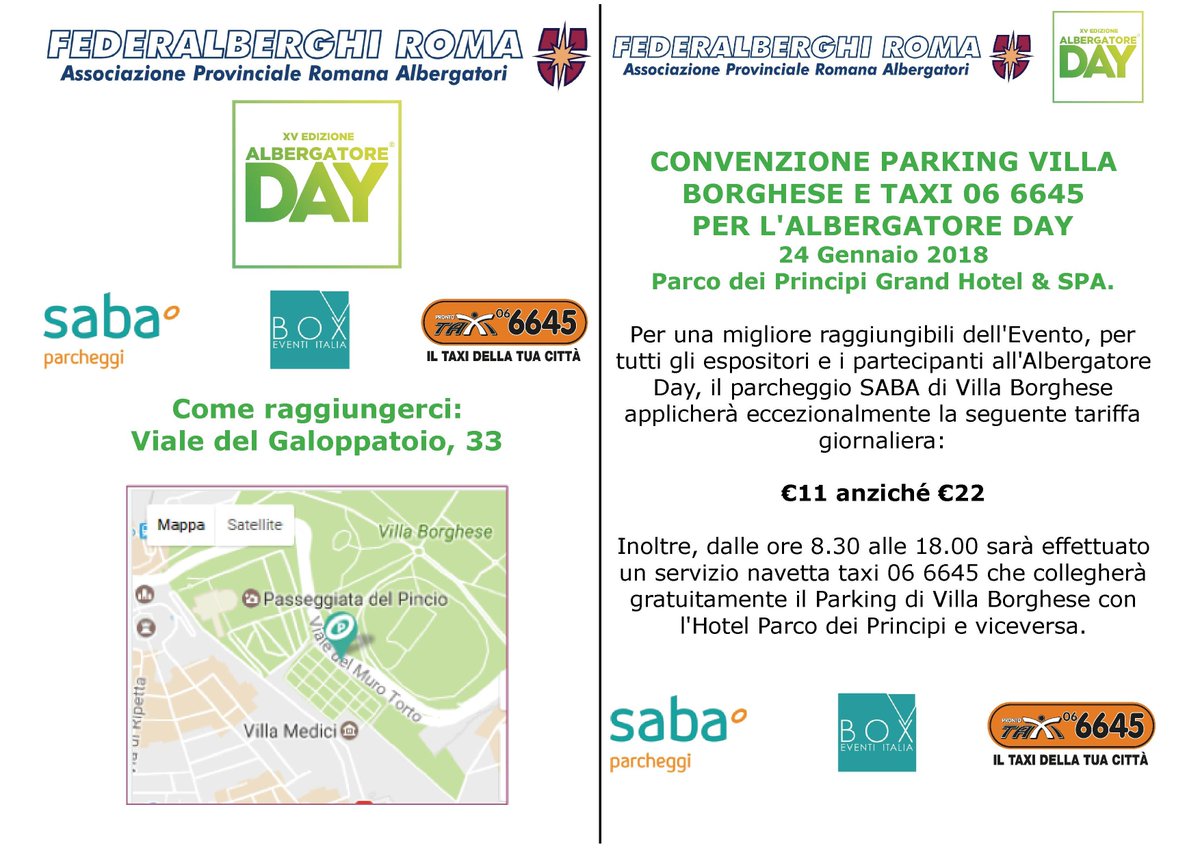 FederalberghiRM's tweet photo. Mancano poche ore al grande evento!
È quasi tutto pronto!
Ricordiamo che per una migliore raggiungibilità dell'evento anche per quest'anno è attiva la convenzione con Parking Villa Borghese e Taxi 6645.

Non mancare! #albergatoreday https://t.co/0gZLyd0WnD