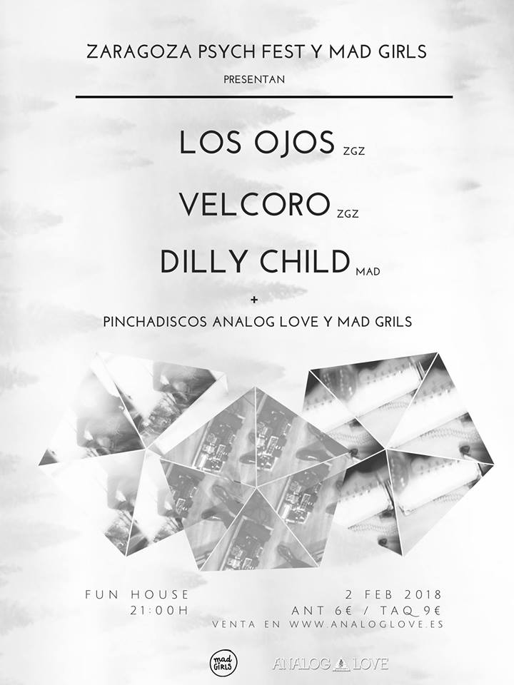 El 2 de febrero tendremos guateque en la capital del reino junto a nuestras hermanas de <a href="/madgirlsmgzn/">Mad Girls Magazine</a>. Será en <a href="/FunHouseMadrid/">Fun House Music Bar</a> y contaremos con LOS OJOS, VELCORO Y DILLY CHILD.
Tickets anticipados a 6€ en analoglove.es/entradas/