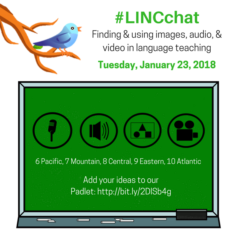 StanzaSL's tweet photo. Today is #LINCchat day! Join the conversation at 9 pm EST to chat about finding and using images, video and audio in #ELT. #CDNelt #CDNesl https://t.co/gU8CTyYh2K