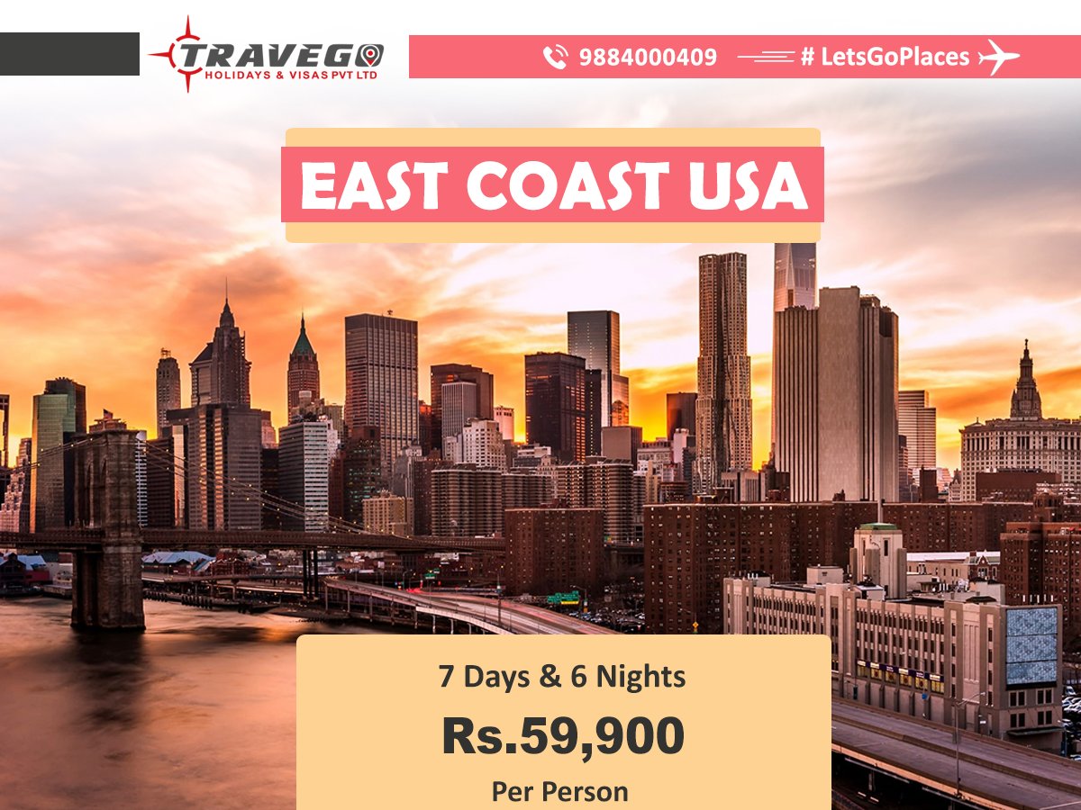 EAST COAST USA 7 Days / 6 Nights  Rs.59900
Per Person    
#EastCoastUSA   
#HolidayTourPackage   
#TravegoHolidays   
#LetsGoPlaces

travego.in