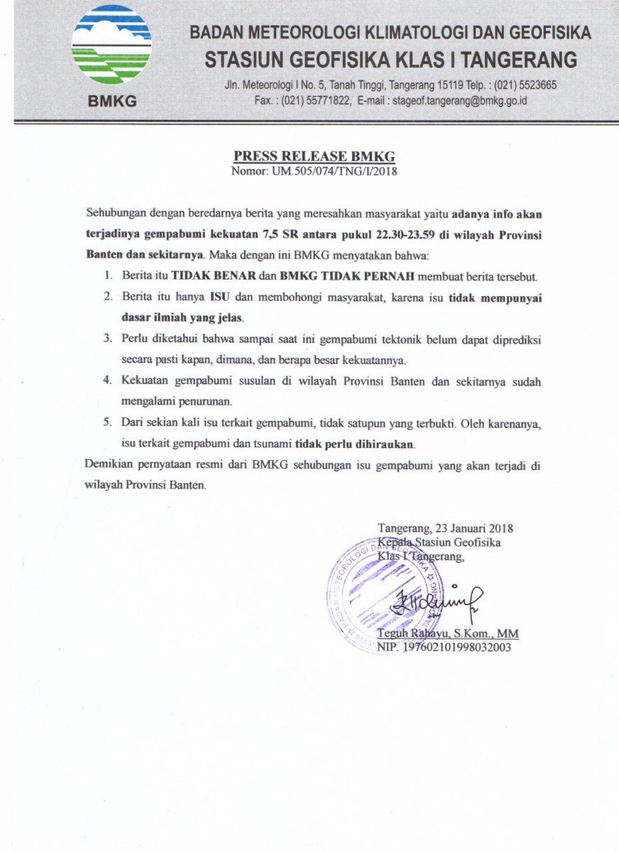 infoBMKG's tweet image. Siaran Pers #BMKG mengenai berita #Hoax akan terjadi #gempa dengan kekuatan 7,5 SR antara pukul 22.30-23.59 di wilayah Prov. Banten dan sekitarnya. Mari menjadi masyarakat yang cerdas dalam menggunakan media sosial. 😊