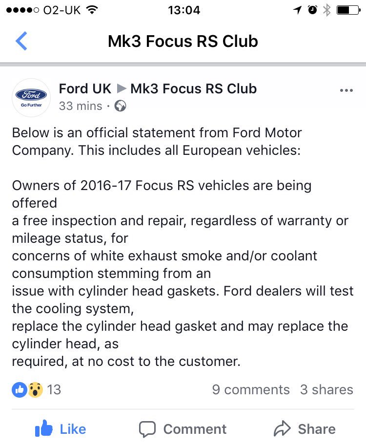 Thanks <a href="/forduk/">Ford UK</a> for the update! Head Gasket recall is go! #focusRS