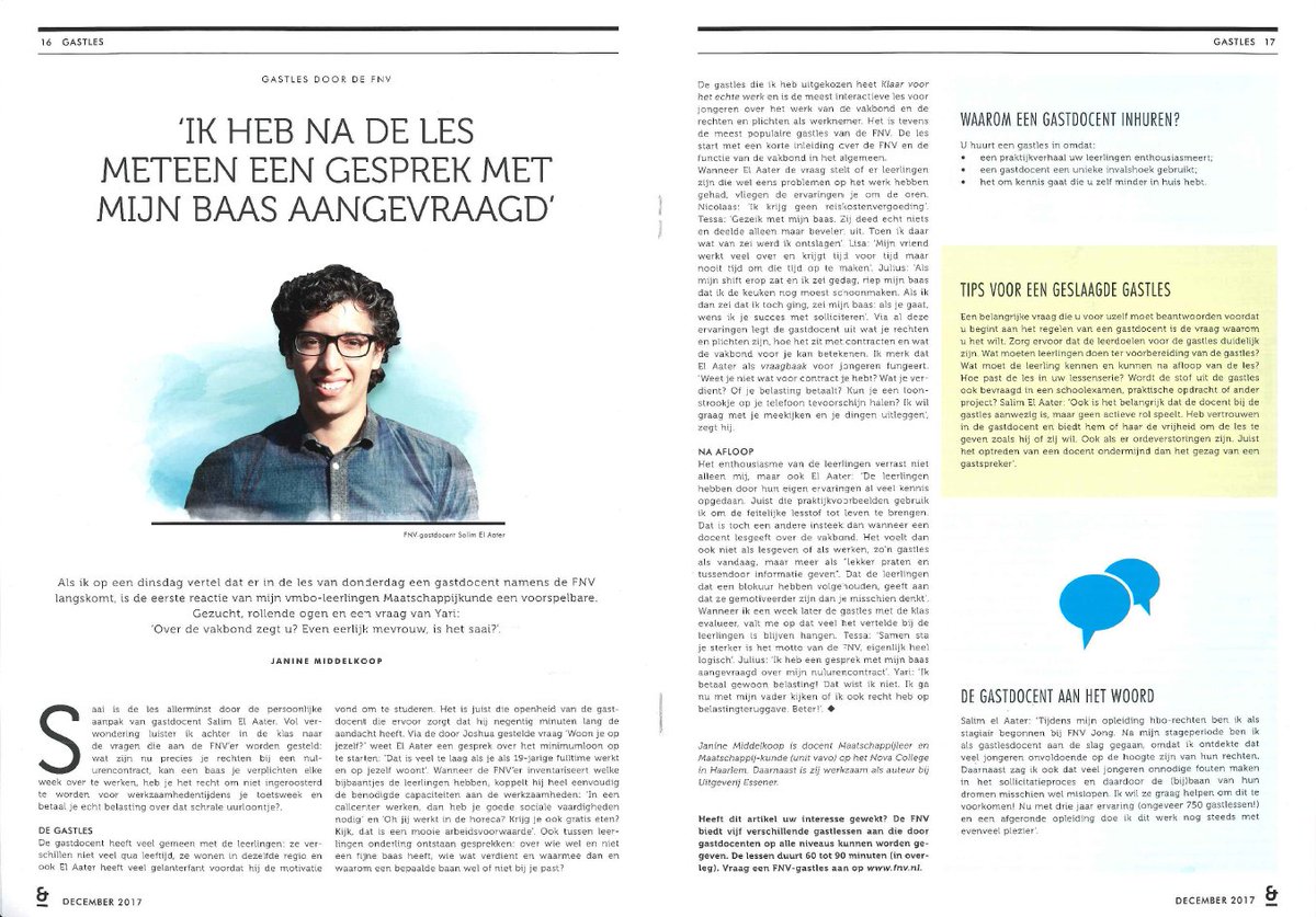 Heb jij het artikel over onze gastlessen door collega Salim al gelezen? Uit het vakblad Maatschappij en Politiek. Meer info over gastlessen via fnv.nl/gastlessen