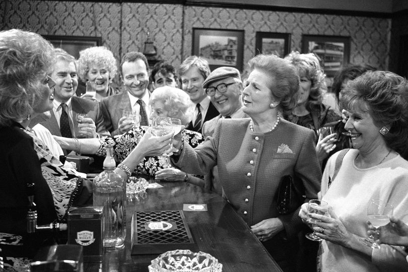DurhamWASP's tweet photo. "Disciplining yourself to do what you know is right and important, although difficult, is the high road to pride, self-esteem, and personal satisfaction." Margaret Thatcher, on the set of Coronation Street in 1990 https://t.co/IzWb4m8DQE