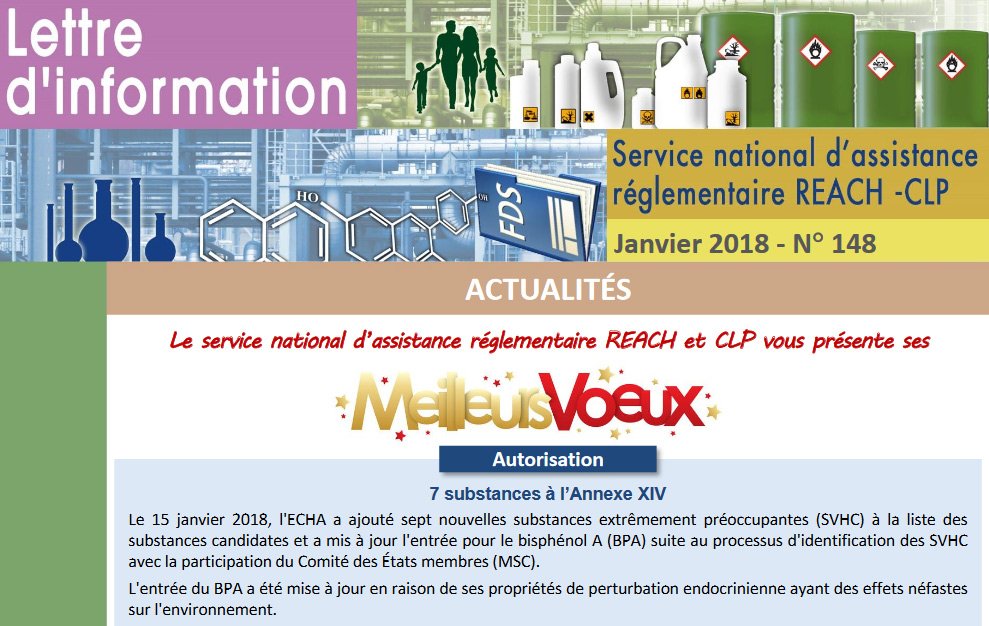 Helpdesk #REACH-#CLP : Lettre d'information janvier 2018 | 
A la une : 7 nouvelles substances extrêmement préoccupantes (SVHC)
helpdesk-reach-clp.ineris.fr/sites/portail-…