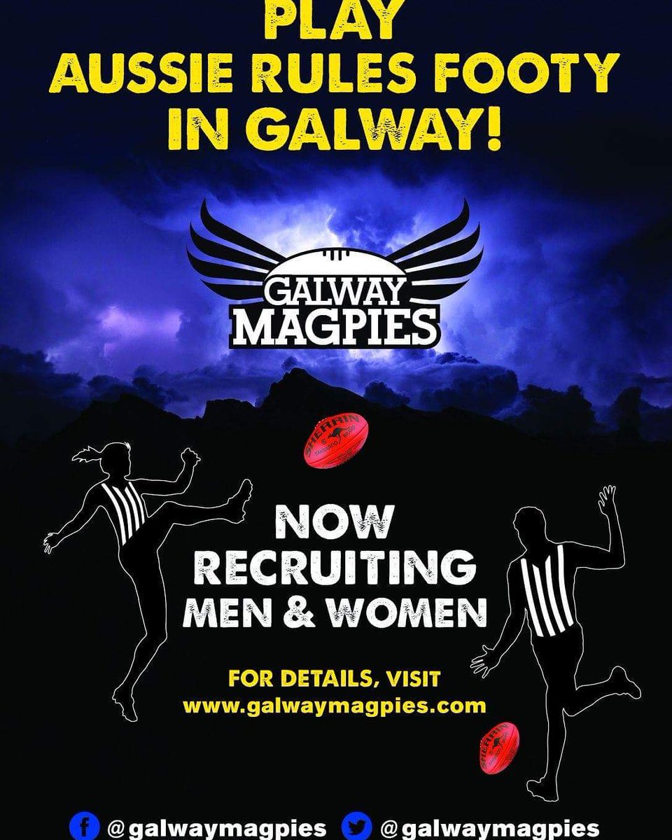 Exciting News Alert.... Women's Aussie Rules. Players WANTED  in GALWAY!

Magpies will be recruiting in force at The Skeff in Galway for Australia Day ! Drop in and say hi!

NO EXPERIENCE NEEDED. THEY'LL TEACH YOU ALL YOU NEED TO KNOW! #footytribes