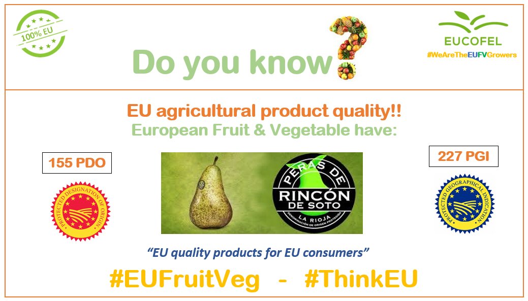 Doyouknow_EUFV's tweet photo. @Doyouknow_EUFV: Media campaign to boost EU #Fruit &amp; #Vegetable consumption!! 
Do you know? EU agricultural product quality!! 
European Fruit &amp; Vegetable have: 155 PDO &amp; 227 PGI!! PDO 
#EUFruitVeg #ThinkEU #EatEU @PerasDeRincon https://t.co/ixsFMXPoql