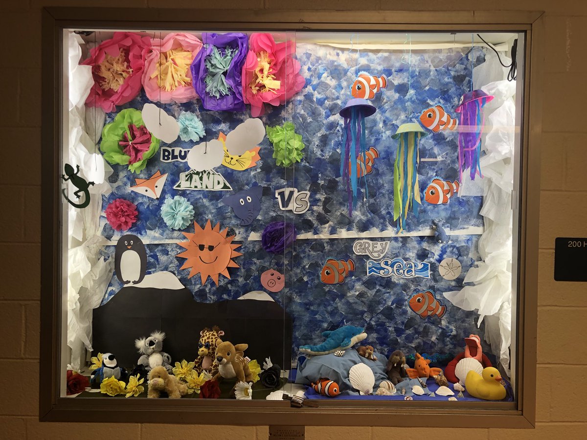 GreyTeam2k18's tweet photo. And the 2018 Blue and Grey Night Theme is...... LAND🌲 vs. SEA🌊 Stop by the 200 hallway showcase and see it for yourself! #letsgogrey https://t.co/dNnNZ6cGBc