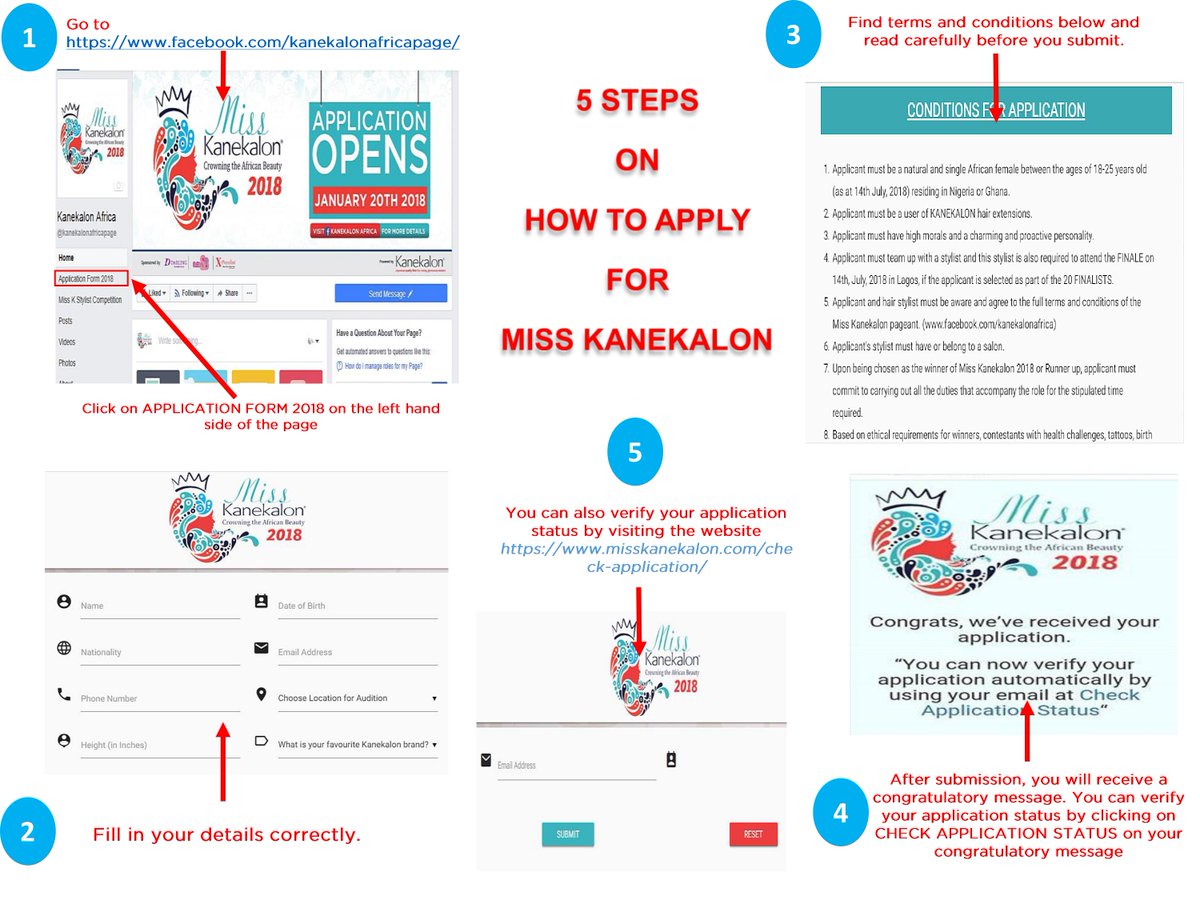 MissKanekalon's tweet image. #ApplicationMadeEasy It takes 5 steps to apply for the #MissKanekalon Beauty Pageant. Follow the process carefully and you&apos;re good to go. Register Now! #MissKanekalon2018 #MissK #MissK2018 #Kanekalon