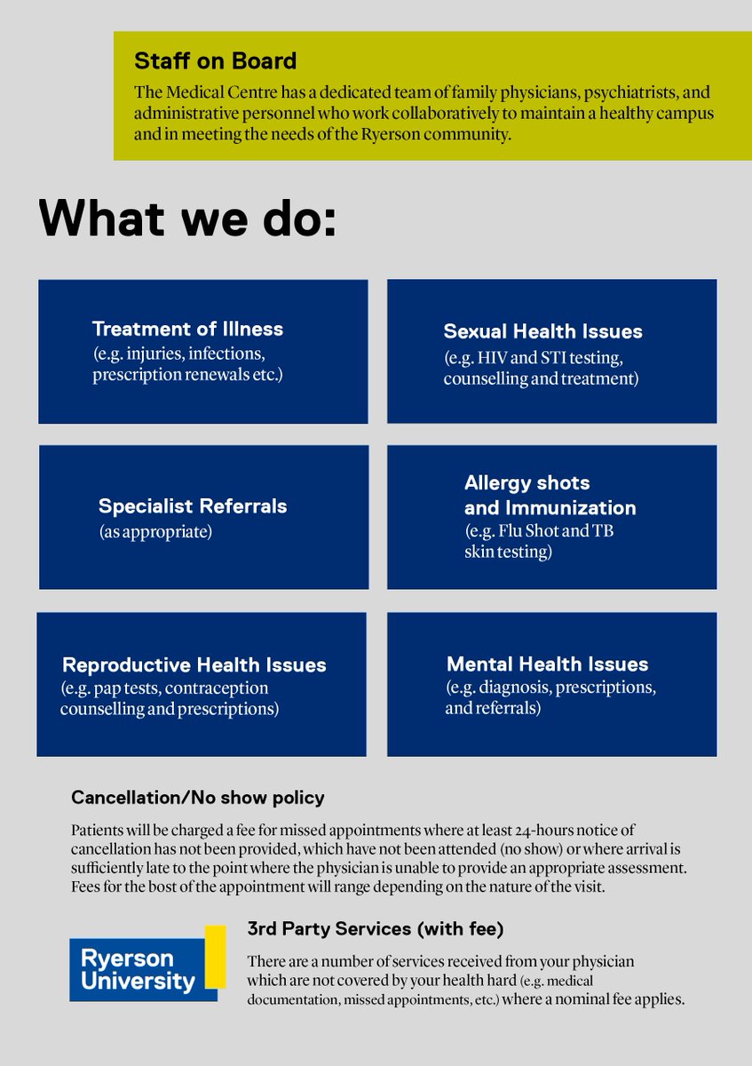 RyersonHealth's tweet photo. Keep yourself safe and healthy! Ryerson's Medical Clinic offers a wide variety of services for Ryersonians, all of which can benefit you! See below for more info :) #DoctoRU #HealthIsWealth https://t.co/0MAKt5L11d