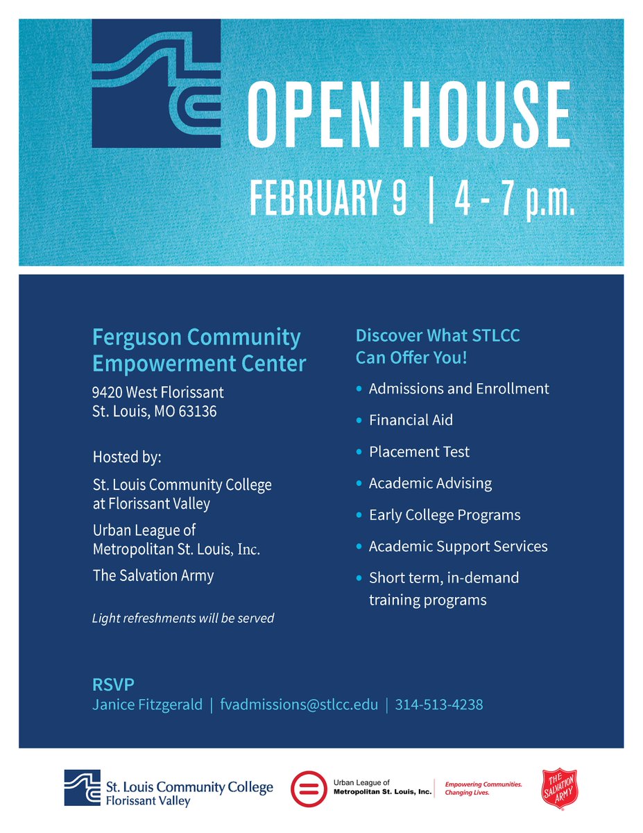 AskErikaSTLCC's tweet image. Please join us for STLCC Open House at the Ferguson Community
Empowerment Center on Friday, February 9th from 4-7pm.