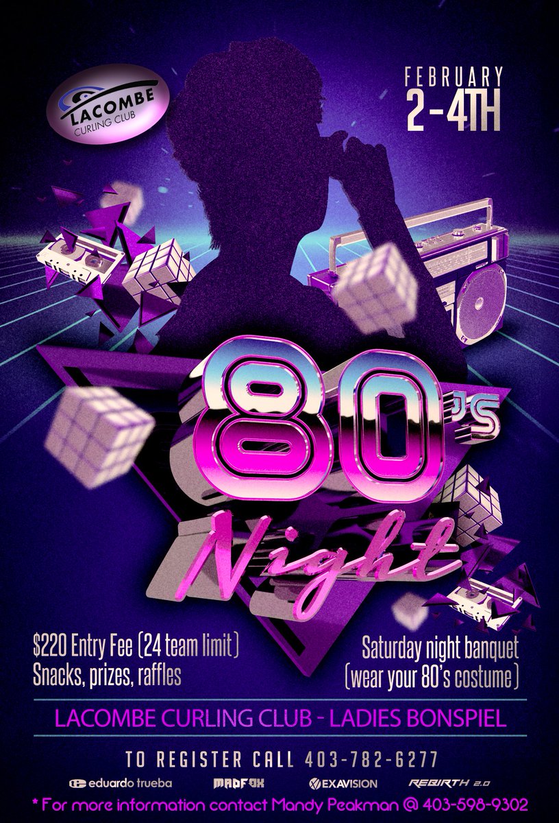 CurlLacombe's tweet image. Only a few spots remain and only a few more days to sign up for this epic 80's ladies spiel! Entry deadline is January 29th or whenever we reach our 24 team limit. Call 403-782-6277 to save your spot. This is a fun event for curlers of all ages and abilities.