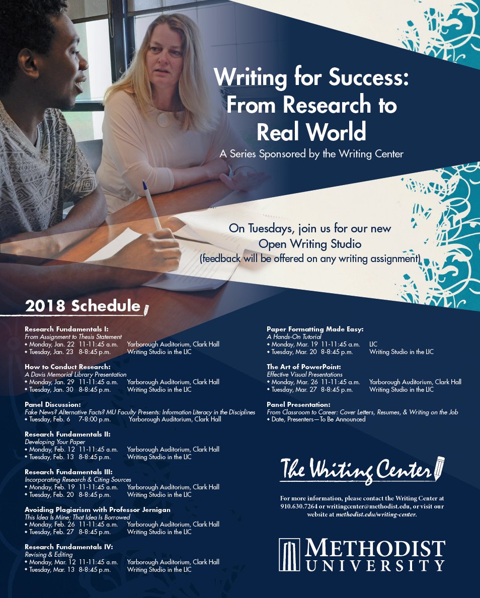 MethodistU's tweet image. The Writing for Success workshops are a free resource that students can use to strengthen your writing and presentation skills. Below is a list of all of the Writing for Success workshops and events for this semester. These workshops are sponored by @MU_Writing
#WritingForSuccess