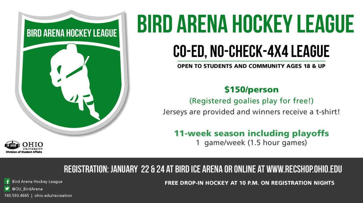 OHIOBirdArena's tweet photo. Tomorrow is the final day to register for the spring season of the Bird Arena Hockey League! Sign up at Bird Arena or at https://t.co/M7SP35vWnt #OURec https://t.co/XWuiI3Z2rA