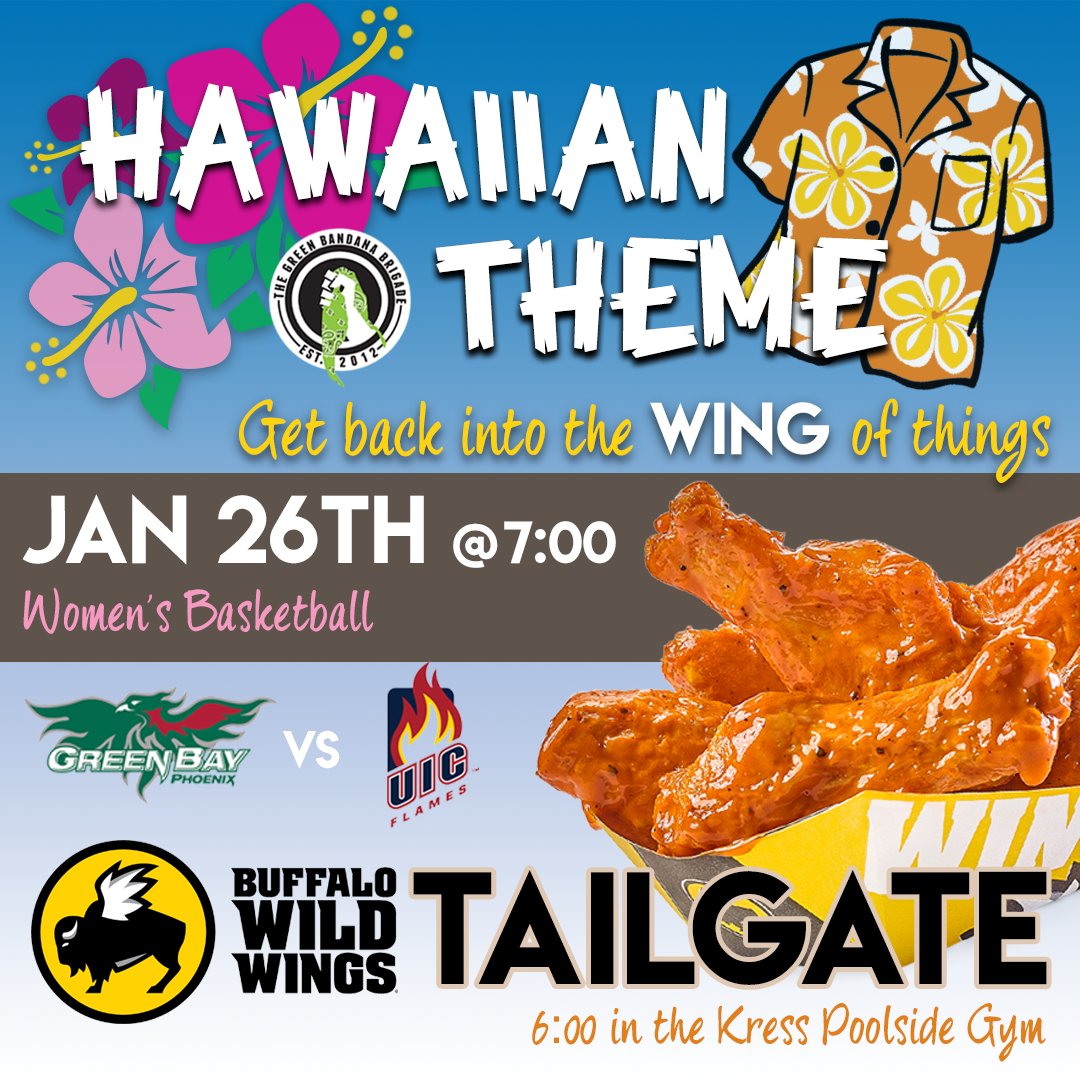 GBB4uwgb's tweet photo. FREE @BWWings and FREE @gbphoenixwbb, what could be better!?

📍 Tailgate in Poolside Gym @Kress_Center
📅 THIS FRIDAY!
⏲️ Tailgate @ 6pm, Game @ 7pm
🍗 FREE Wings to first 120 Students (student ID required)
🌺 Hawaiian Theme

Don't forget your bandana! https://t.co/X9mIUz7LB8