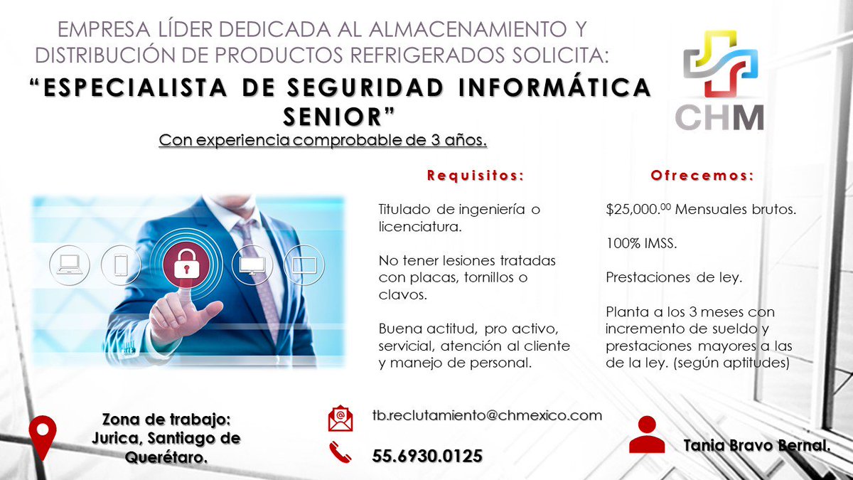 ch__mexico's tweet photo. No importa si te llamas #Oscar #Pablo o #Armando, lo que importa es que te #postules porque #TrabajoSiHay como "ESPECIALISTA DE #SEGURIDAD INFORMÁTICA #SENIOR"
https://t.co/96QshpedBw
@AlertaEmpleo @AlertasTrabajo en #Queretaro https://t.co/hw8uH1PMxt