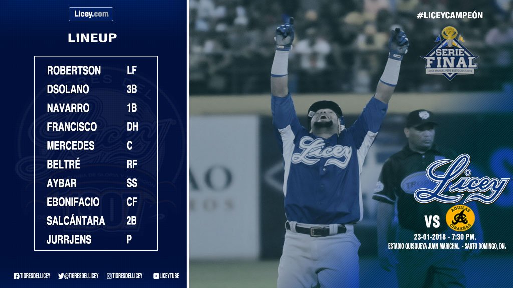 TigresdelLicey's tweet photo. #AlineaciónAzul para el primer Partido de la Serie Final.

#ElGloriosoEnLaFinal
#SerieFinalLIDOM https://t.co/y4Uggb96HA