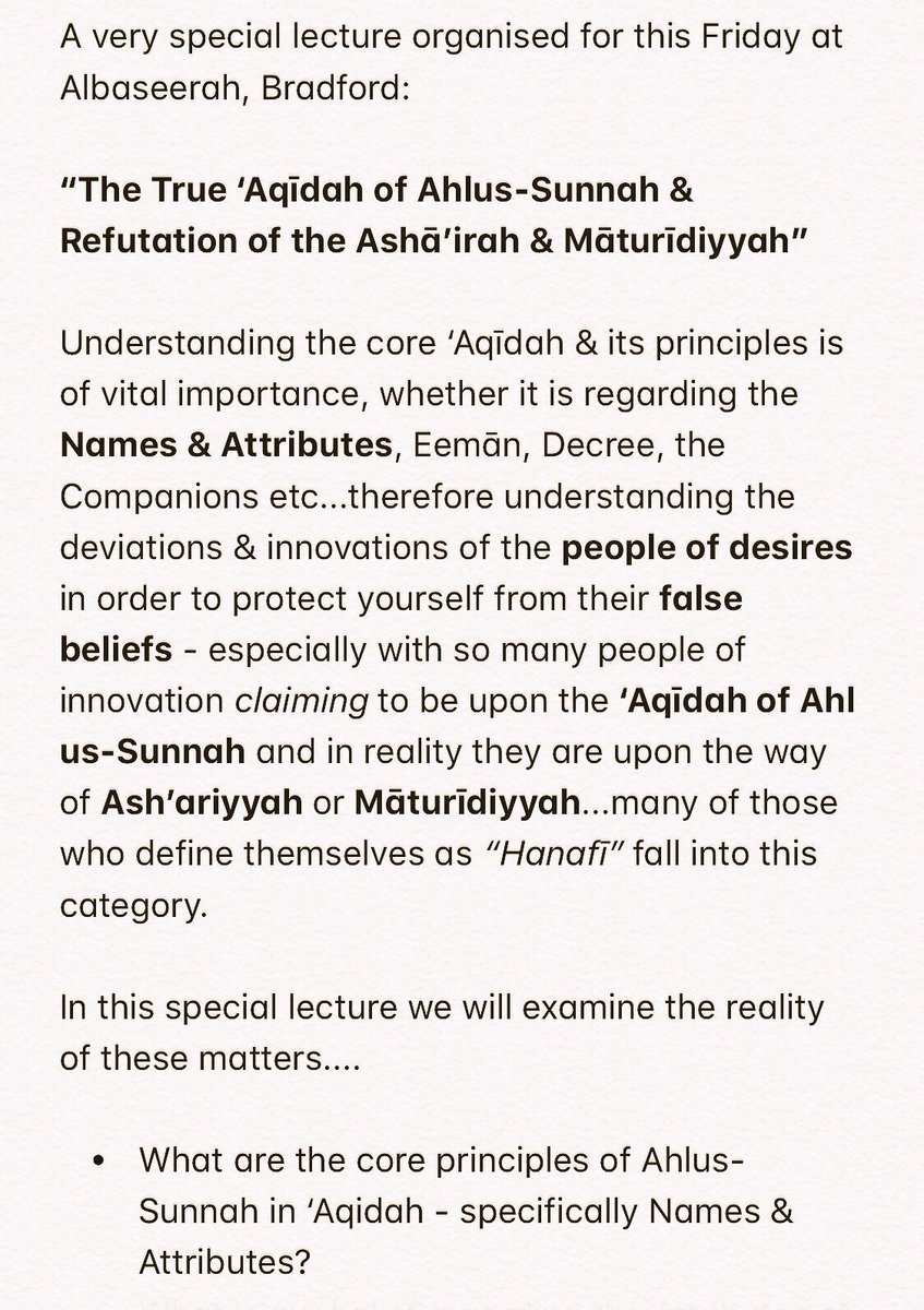 AbuMuadhTaqweem's tweet photo. Very Important Lecture This Friday @albaseerah Bradford...

“The True ‘Aqīdah of Ahlus-Sunnah &amp; Refutation of the Ashā’irah &amp; Māturīdiyyah”

Distinguishing Ahlus-Sunnah from the People of Innovation....

Please see here: https://t.co/FoqKnnxTCp https://t.co/IzPwNoDEYM